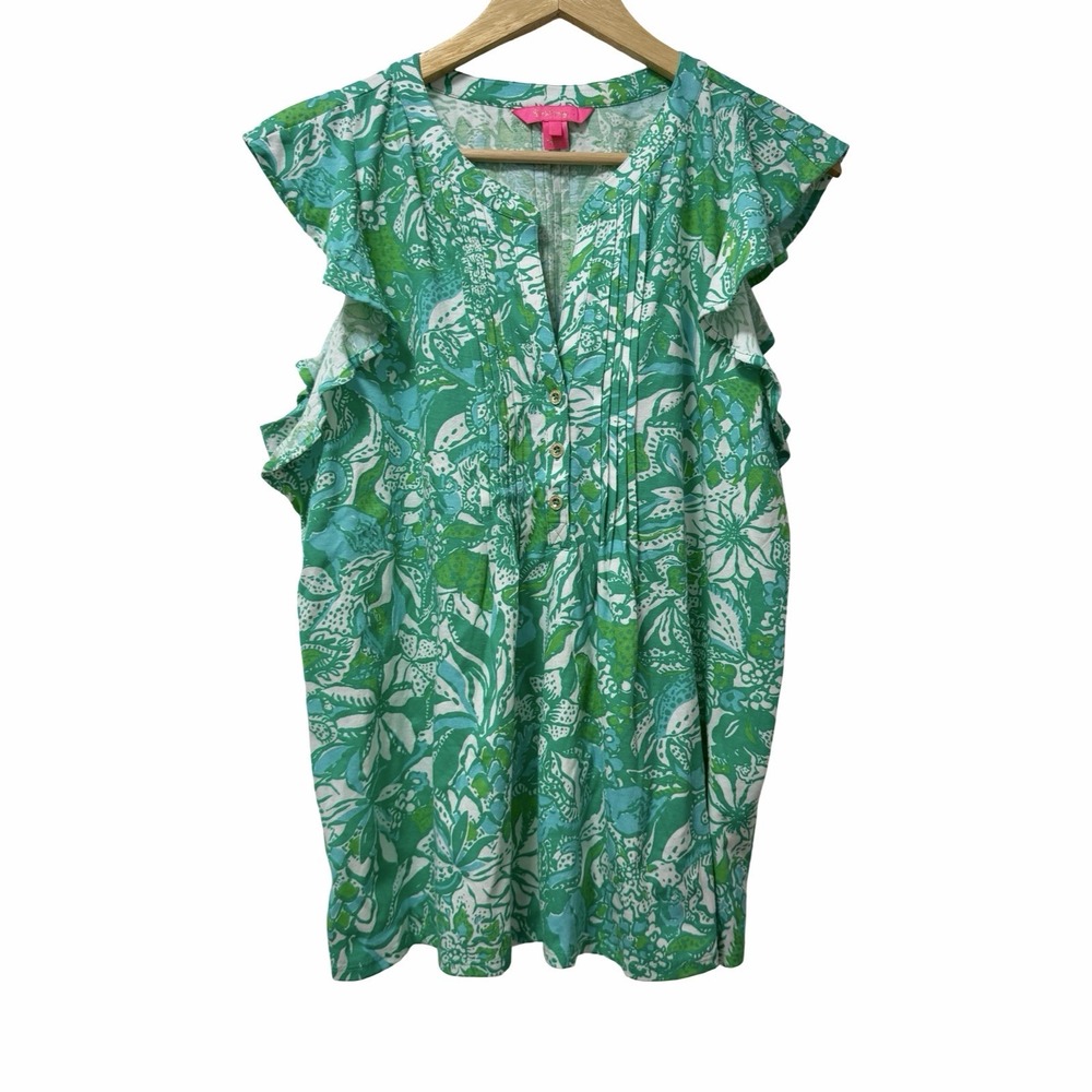 Lilly Pulitzer Golda Ruffle Sleeve Notched V Neck Top Size L Botanical Green